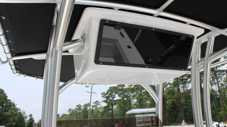Under-console storage compartment on 2025 C-Hawk 25 Center Console boat, showcasing sleek design and functional features for saltwater fishing.