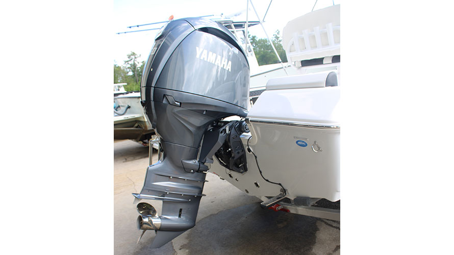 Yamaha 150HP outboard motor mounted on a 2025 Tidewater Boats 198CC, showcasing modern marine engineering and design, ideal for potential buyers at Cape Romain Marine.