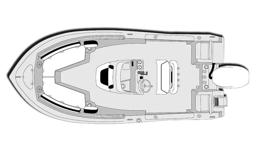 Top view of the 2025 Tidewater Boats 198CC, showcasing the layout with seating, steering console, and outboard engine, emphasizing its design and features for potential buyers.