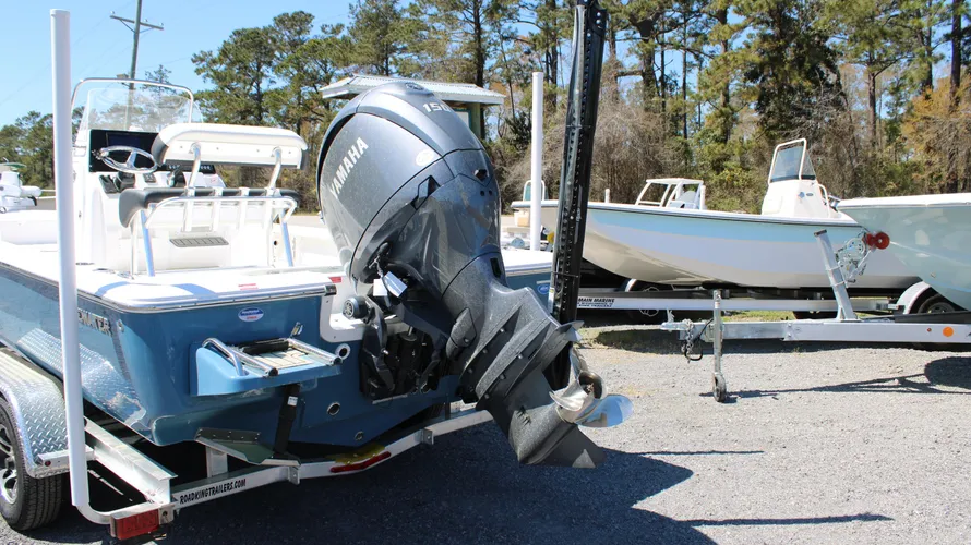 2025 Tidewater Boats 2110 Bay Max in Blue Mist with Yamaha F150XC outboard engine, showcased at Cape Romain Marine dealership.
