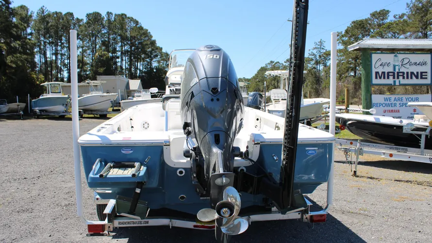 2025 Tidewater Boats 2110 Bay Max in Blue Mist with Yamaha F150XC outboard engine, displayed at Cape Romain Marine, showcasing boat features and available for purchase.