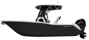 Tidewater 232 SS boat model showcasing sleek design, featuring a black hull and outboard motor, part of Cape Romain Marine's new boat inventory.