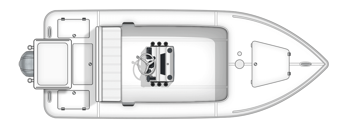 Overhead view of a 17-foot Action Craft flat model boat featuring a steering console, rod holders, and storage compartments, highlighting customizable design options for fishing enthusiasts.