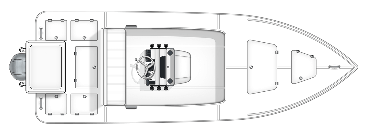 Overhead view of an Action Craft 19 Flats boat featuring a center console, multiple storage compartments, and a streamlined design for fishing enthusiasts.