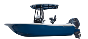 Tidewater 198 CC boat profile with a blue hull, center console, and outboard motor, showcasing specifications for the Tidewater CC Adventure Series.