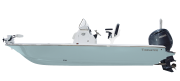 Tidewater 2110 BM boat model featuring a sleek design, equipped with an outboard motor, showcasing its light blue hull and modern steering console, relevant to Cape Romain Marine's Tidewater Bay Max Series offerings.