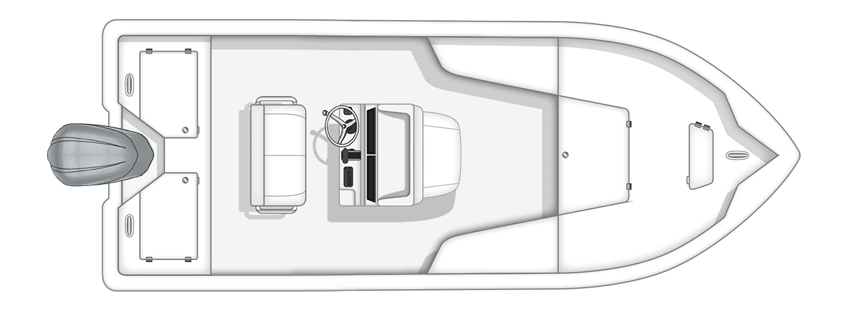 Top-down view of a 20-foot Action Craft Bay boat featuring a steering console, seating area, and storage compartments, designed for fishing enthusiasts in South Carolina.