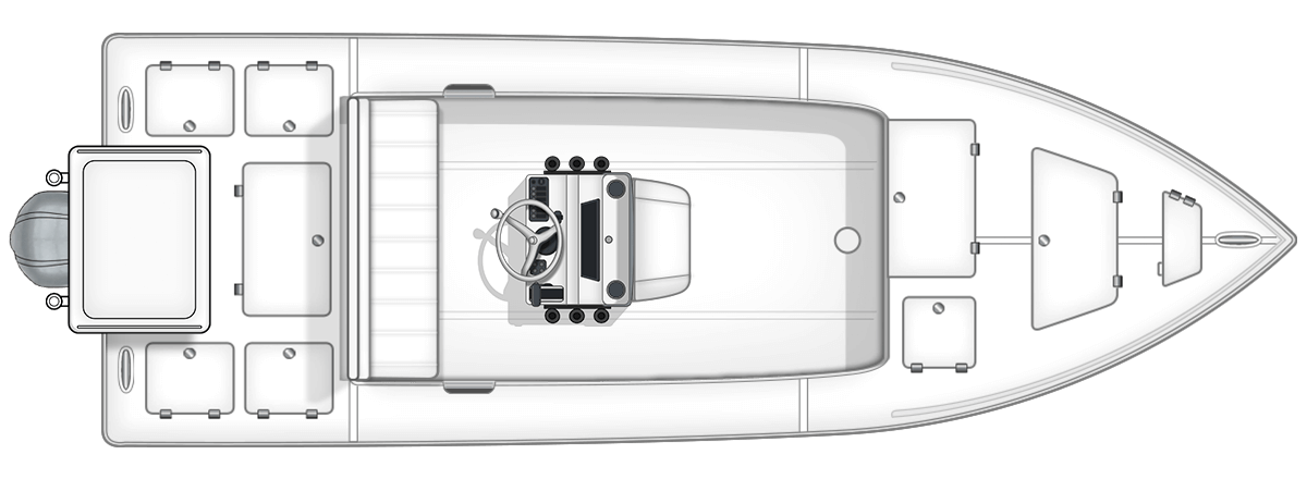 Overhead view of a customizable Action Craft flat boat featuring a steering console, multiple storage compartments, and spacious seating, highlighting design options for fishing enthusiasts.