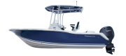 210 LXF Tidewater boat profile with outboard motor, showcasing sleek design and blue hull, relevant to Cape Romain Marine's inventory of new boats.