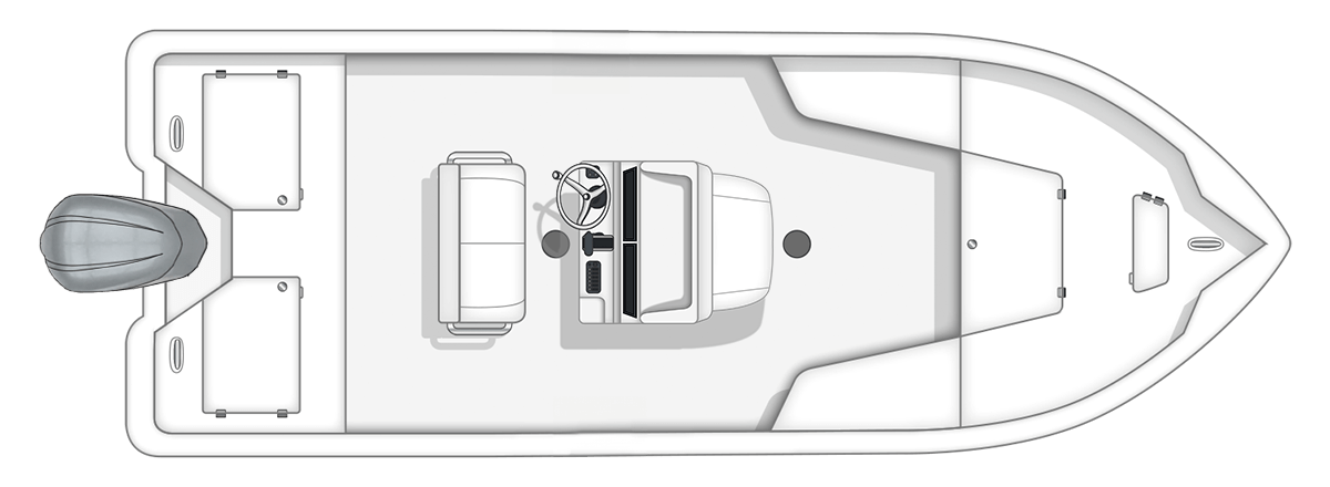 Top-down view of a 22-foot Action Craft Bay boat, featuring two storage compartments, a driver's console with steering wheel, and a cushioned seating area, designed for fishing and customization at Cape Romain Marine.