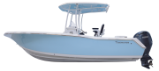 Tidewater 220 LXF boat profile featuring a light blue hull, center console, and Yamaha outboard motor, showcasing its sleek design and suitability for marine activities.