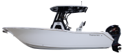 Tidewater 232CC adventure boat profile showcasing sleek white design and powerful outboard motor, highlighting features relevant to the Tidewater LXF Series models.