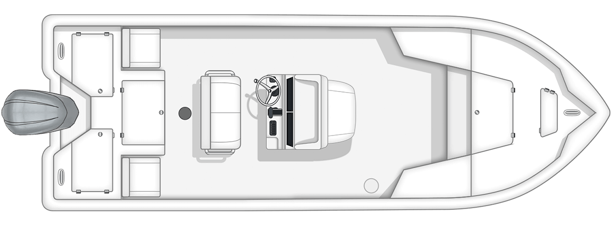 Overhead view of a 24-foot Bay model Action Craft boat featuring seating areas, a console with steering wheel, and an outboard motor, ideal for customization by fishing enthusiasts.