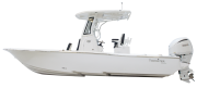Tidewater 2500 Carolina Bay boat profile, showcasing sleek design, center console, and outboard motor, emphasizing features for fishing and recreational use.