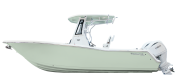 Tidewater 272 CC boat model in light green color, showcasing sleek design and outboard motor, featured in Cape Romain Marine's Tidewater CC Adventure Series.
