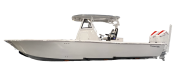 Tidewater Bay Boat featuring a sleek design, center console, and dual outboard motors, ideal for fishing and cruising, showcased by Cape Romain Marine.