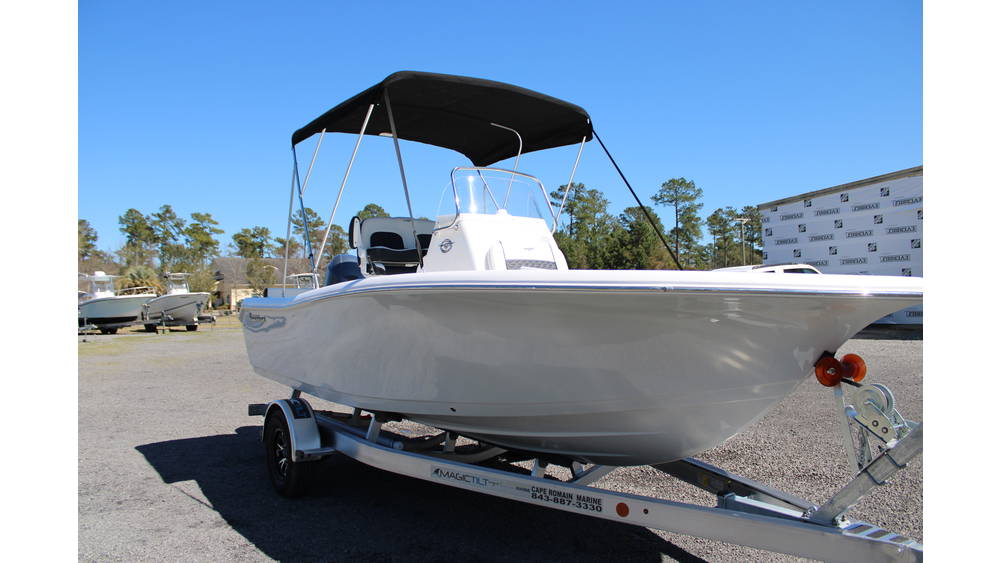 2025 Tidewater Boats 198CC in Whisper Grey, displayed on a trailer at Cape Romain Marine, showcasing sleek fiberglass hull and outboard engine, ideal for marine enthusiasts.