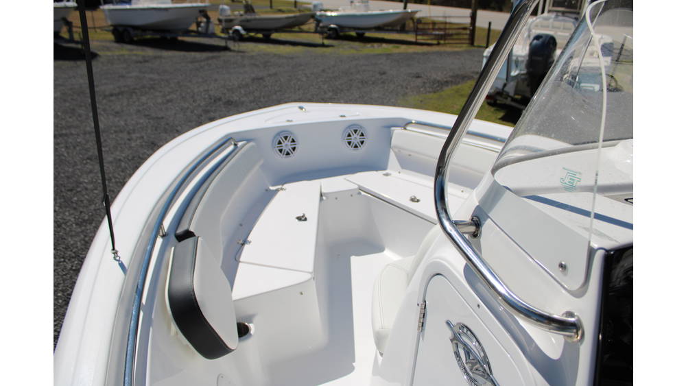 Interior view of the 2025 Tidewater Boats 198CC, showcasing seating, console, and sleek design, with the primary color being Whisper Grey, highlighting its features for potential buyers.