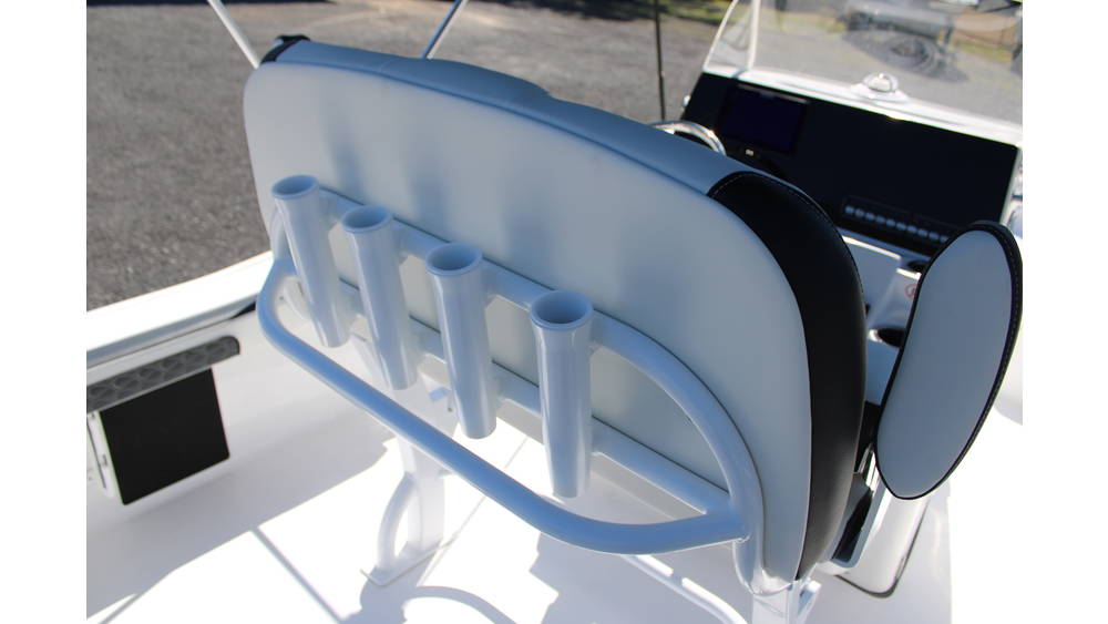 Boat captain's chair with rod holders, featuring a sleek design and modern controls, showcasing the interior of the 2025 Tidewater Boats 198CC.