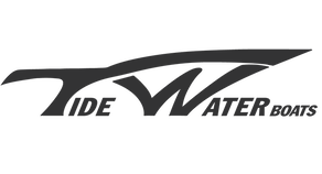 Tidewater Boats logo featuring a sleek design representing the brand's commitment to quality and performance in marine products, relevant to Cape Romain Marine's offerings of new and pre-owned boats.