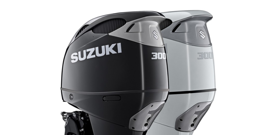 Suzuki 300 outboard engines in black and silver, highlighting advanced design for improved performance and efficiency, relevant to Suzuki repower services at Cape Romain Marine.