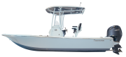 Tidewater 2210 Carolina Bay boat profile, showcasing a center console design with a Suzuki outboard engine, emphasizing its length overall (LOA) of 22′ 10″ and beam of 8′ 6″.