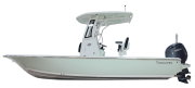 Tidewater 2410 Baymax center console boat profile, featuring a sleek design, outboard motor, and spacious deck, ideal for fishing and cruising.