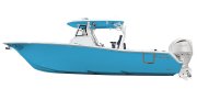 Tidewater 302 CC boat profile in vibrant blue with a white hull and Suzuki outboard motor, showcasing sleek design and fishing features for the Tidewater CC Adventure Series.