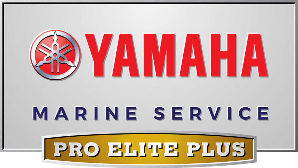 Yamaha Marine Service logo featuring the Yamaha brand name and Pro Elite Plus designation, emphasizing professional outboard service for boat repower needs.