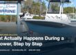 Bay boat on a trailer at the Cape Romain Marine shop in McClellanville, SC awaiting an outboard repower