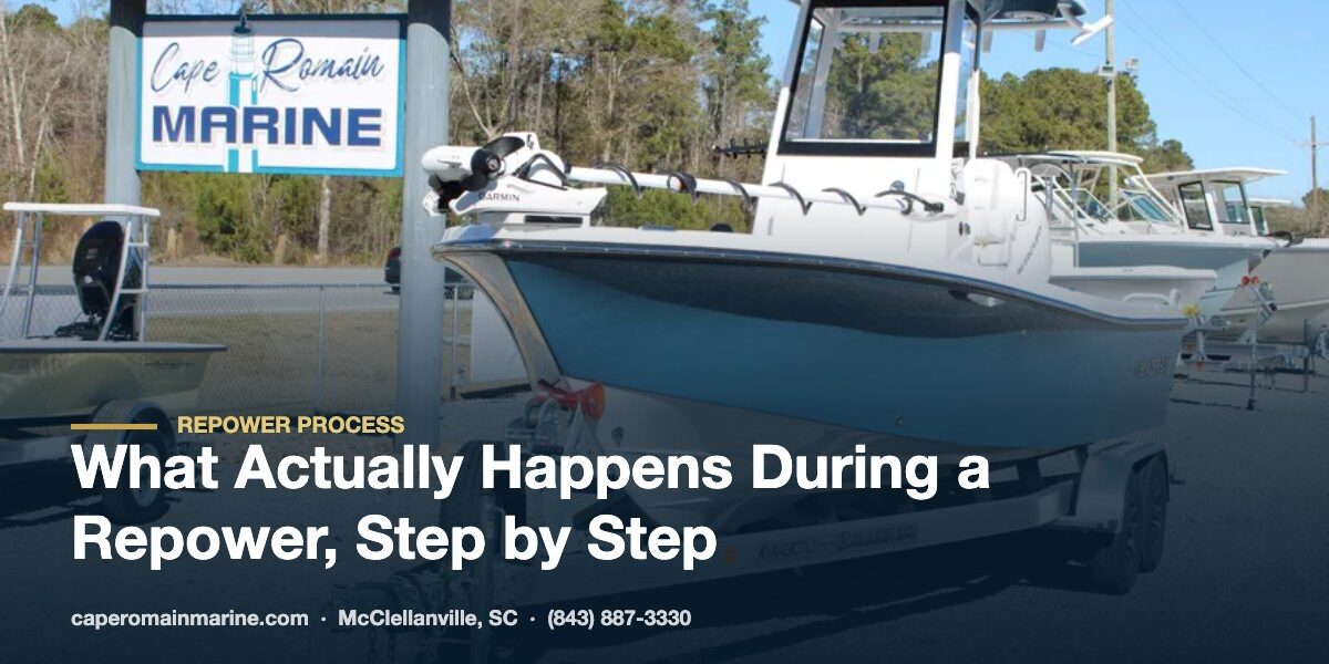 Bay boat on a trailer at the Cape Romain Marine shop in McClellanville, SC awaiting an outboard repower