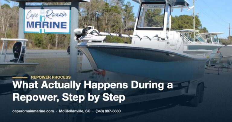 Bay boat on a trailer at the Cape Romain Marine shop in McClellanville, SC awaiting an outboard repower