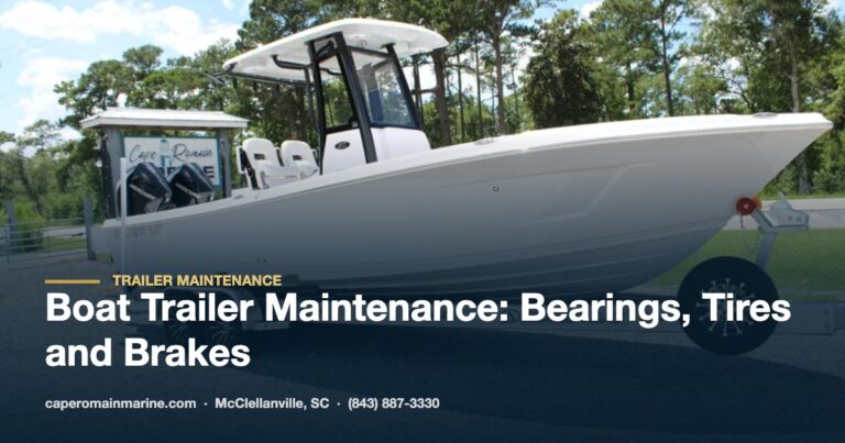 Bay boat on a tandem axle boat trailer showing wheels, bearings and brakes in McClellanville, SC