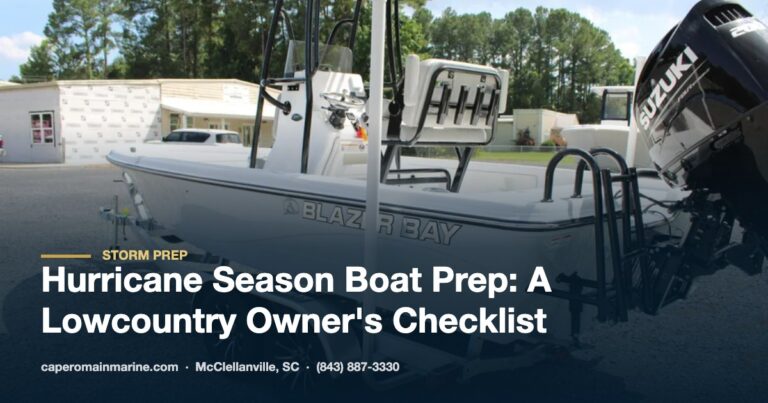 Blazer Bay boat on a trailer ready to be hauled out ahead of a hurricane in McClellanville, SC