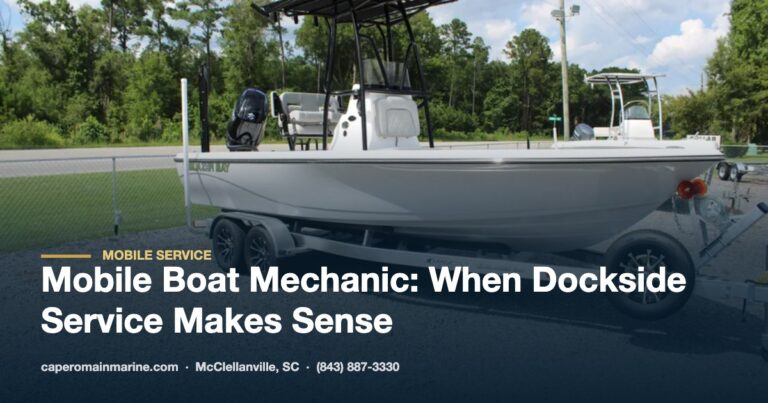 Bay boat on a trailer ready for mobile boat mechanic service in the Charleston, SC area