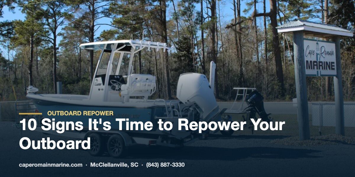 Aging outboard on a bay boat at Cape Romain Marine, a candidate for an outboard repower